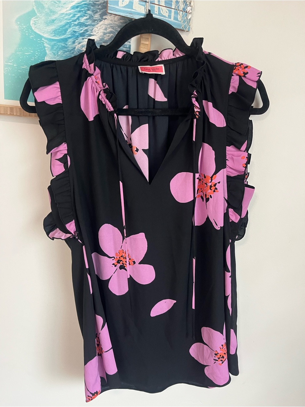kate spade Black Sleeveless Blouse with Pink Floral Print and ruffles